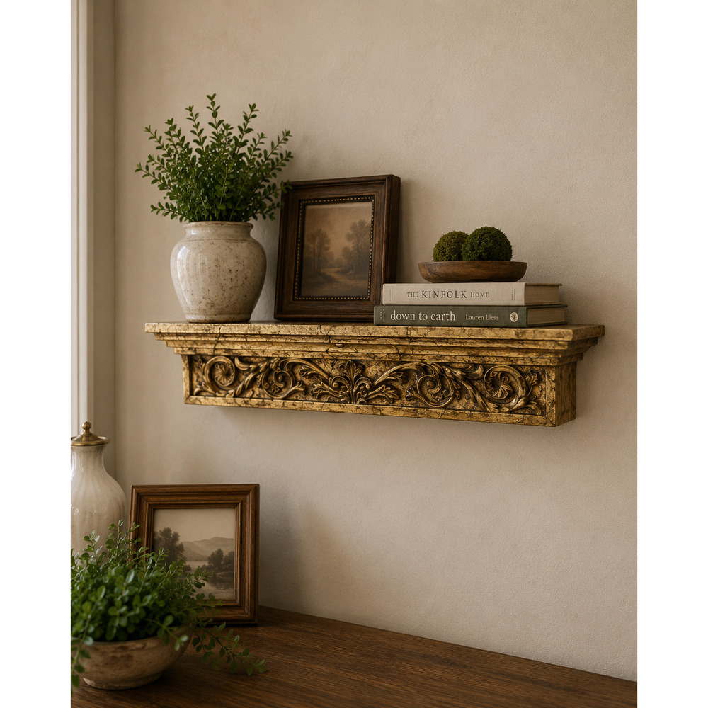 Vintage Gold Gilt Carved Wood Look Foam Wall Shelf Hollywood Regency